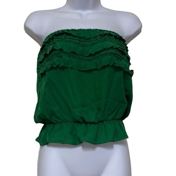Parker XS 100% Silk Strapless Top Green Elastic Waist Peplum Blouson Top NWOT - Picture 1 of 9